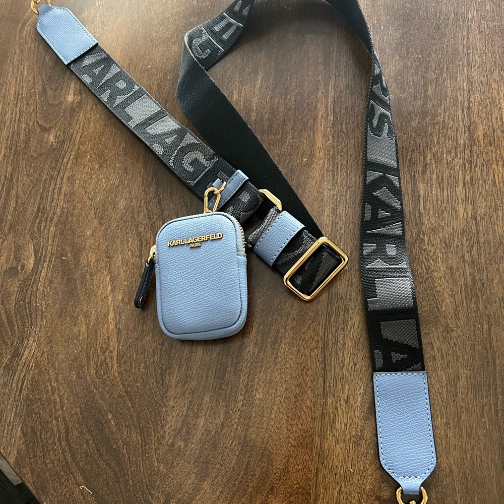 Karl Lagerfeld adjustable purse strap, black/Lt Blue w/Mini Bag & gold hardware